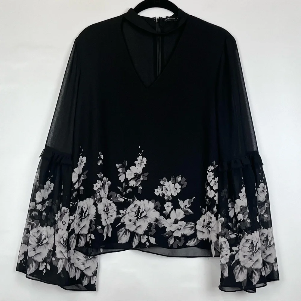 White House Black Market Blouse Size 8 Black White Floral Choker Chiffon Lined